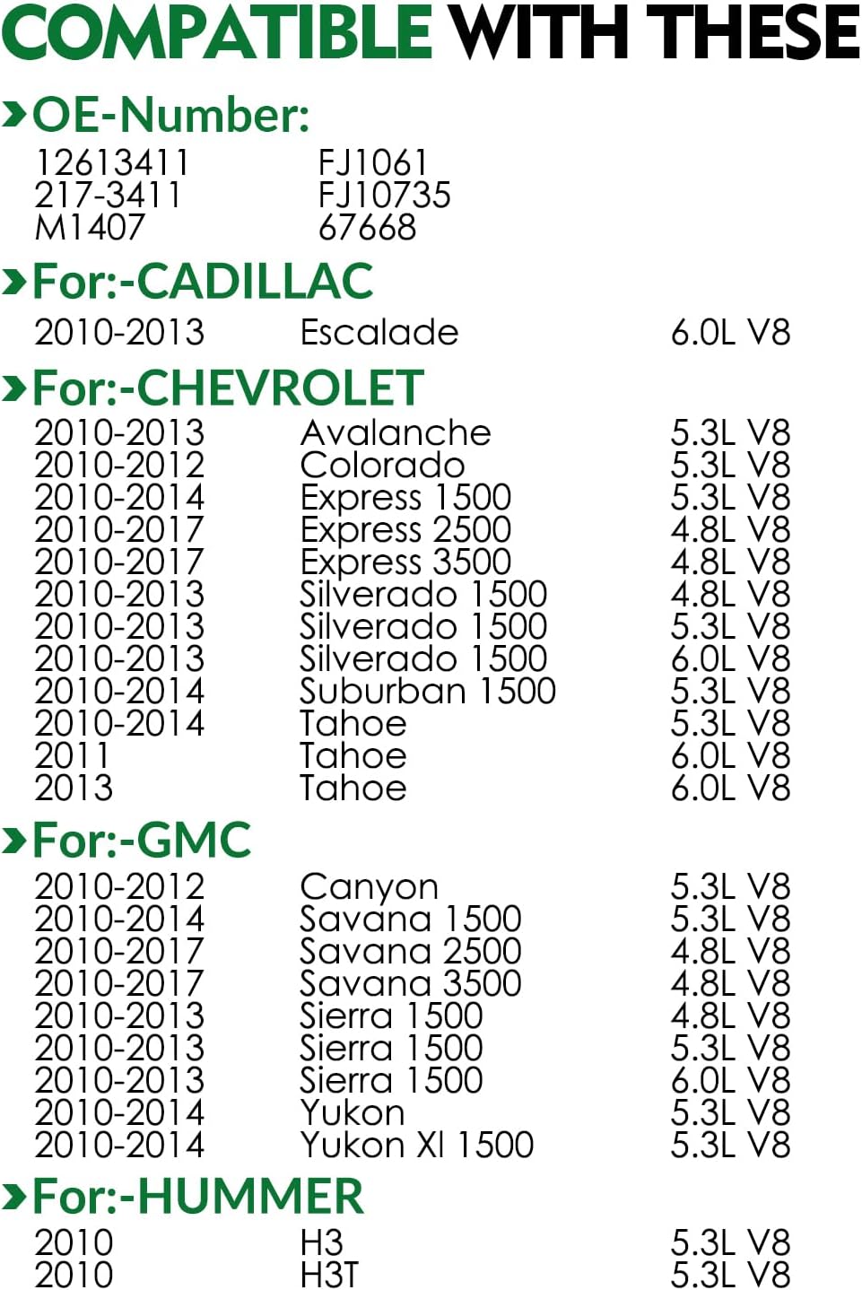 Fuel Injectors 12613411 for:-Chevy Silverado 1500 Tahoe Suburban AvaLanche 2010 2011 2012 2013 2014, for:-GMC Sierra Yukon Savana, 4.8L 5.3L 6.0L, 4 Holes, OE# FJ1061 (8 Pcs)