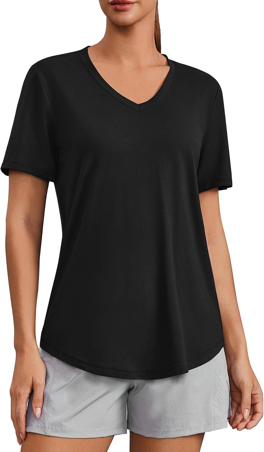 PINSPARK Soft Workout Tops for Women Short Sleeve V Neck Moisture Wicking UPF 50+ Sun Protection Quick Dry Gym Shirts