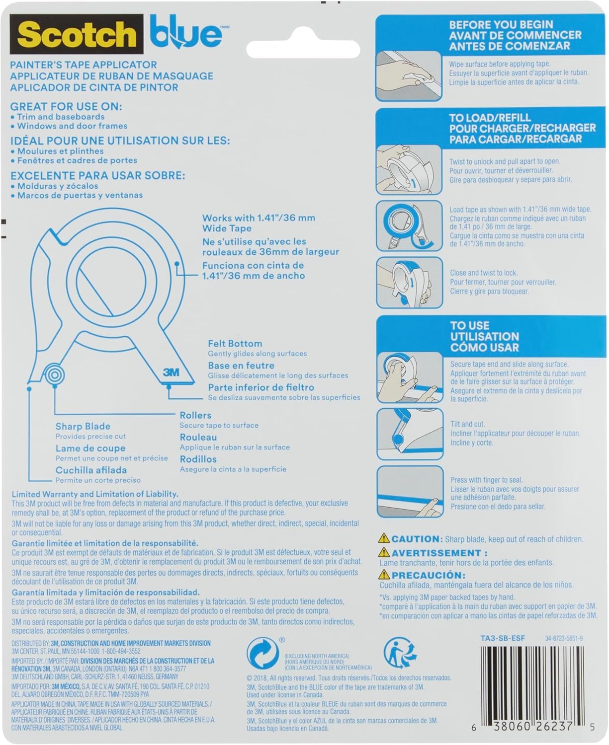 ScotchBlue Applicateur de Ruban de Masquage avec 1 Rouleau (36 mm x 18,2 m) Multi-Surfaces - Pour Moulures, Plinthes, Fenêtres et Encadrements Portes