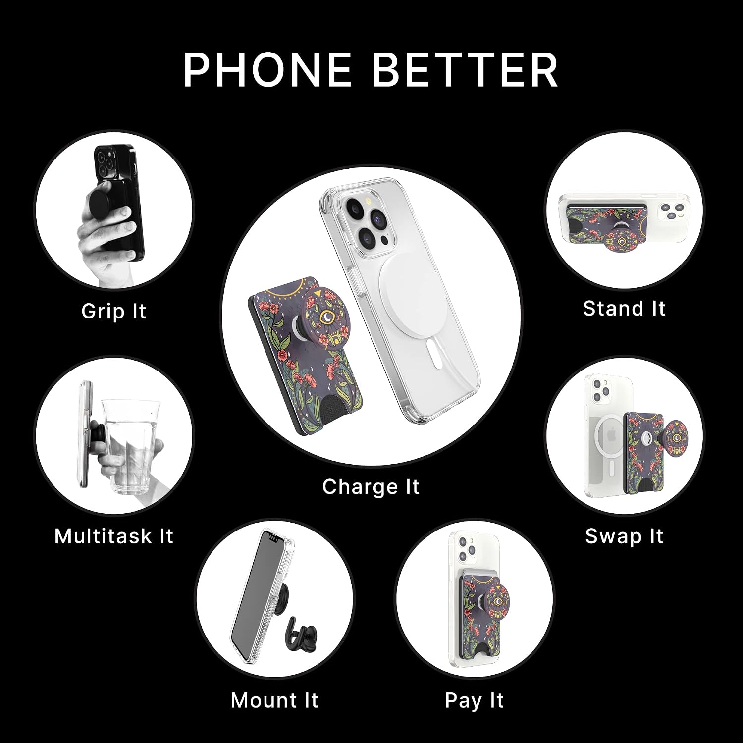 PopSockets Phone Wallet with Expanding Grip, Phone Card Holder, Wireless Charging Compatible, Wallet for MagSafe - Floral Bohemian