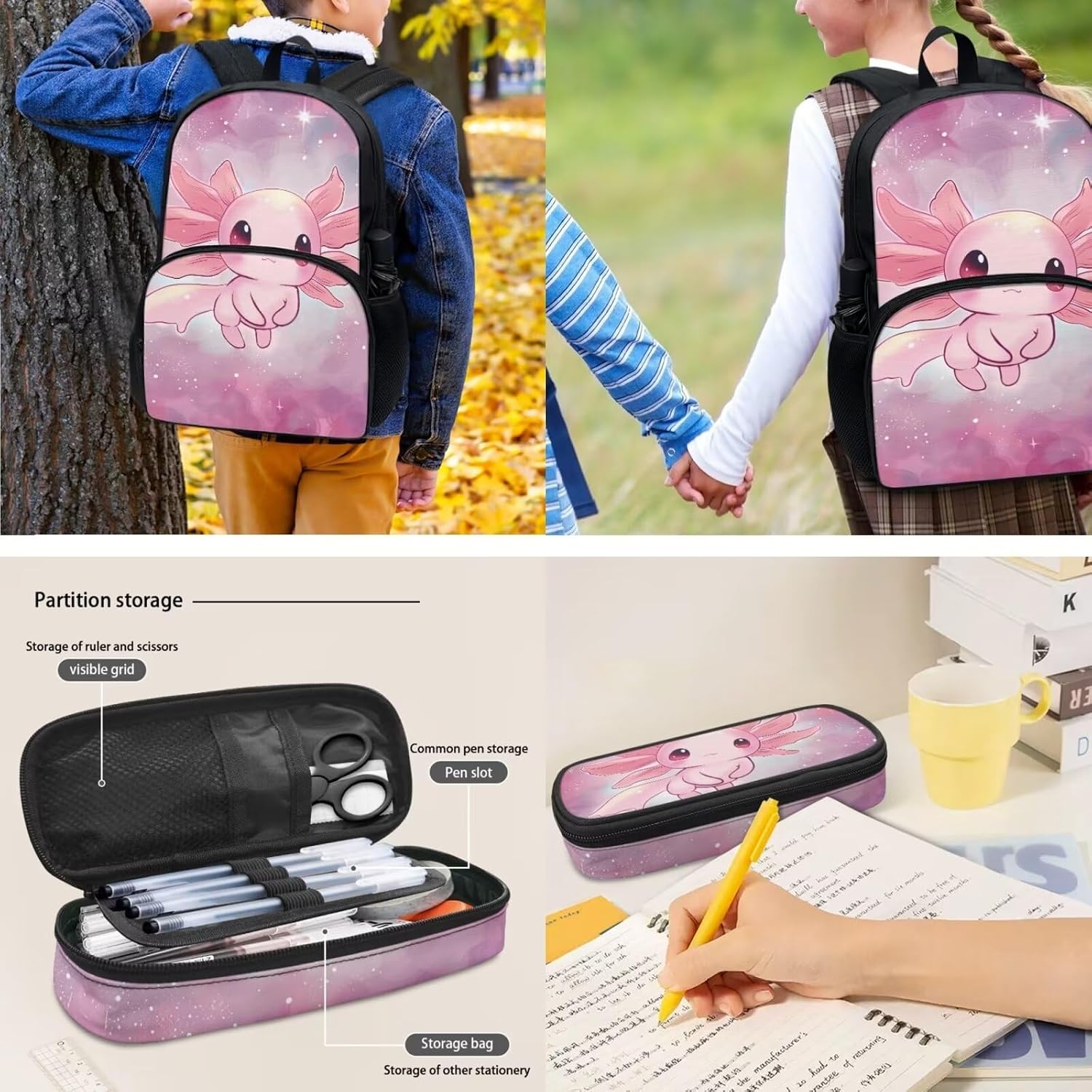 Cartoon Pink Axolotls Bag Girls Axolotls Schoolbag Set of 4 Pcs,17Inch Bookbag and Insulated Lunch Bag Pencil Case for Children Kids,Kindergarten School Bag