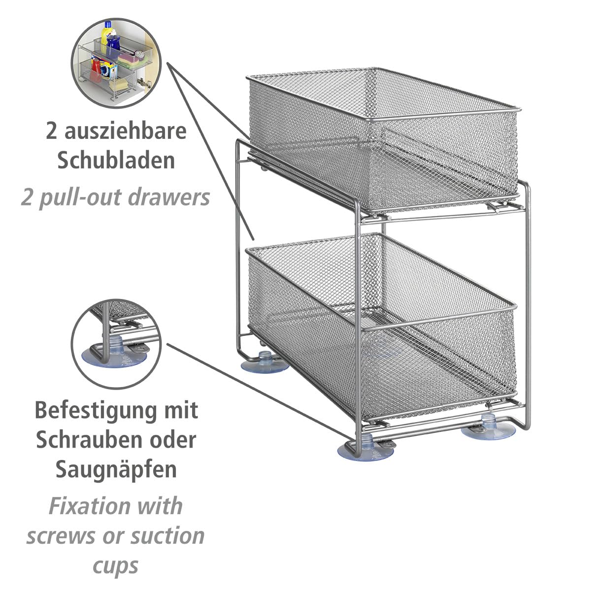 WENKO Schubladenregal Mod. Gioma, hochwertiger Organizer mit 2 Etagen und Korb-auszug für Küchenschrank oder Arbeitsplatte, Küchenregal aus pulverbeschichtetem Metall, 35 x 33,5 x 18,5 cm, Silber-Matt
