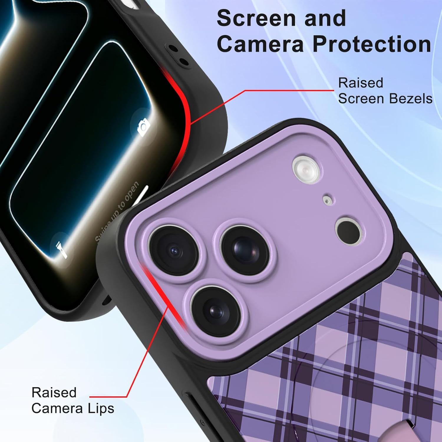 MOWIME Magnetic for iPhone 17 Pro Max Case with Finger Strap Kickstand, Compatible with Magsafe, Cute Checkered Checkerboard Plaid Phone Case for Women Men Full Camera Protection Cover, Purple