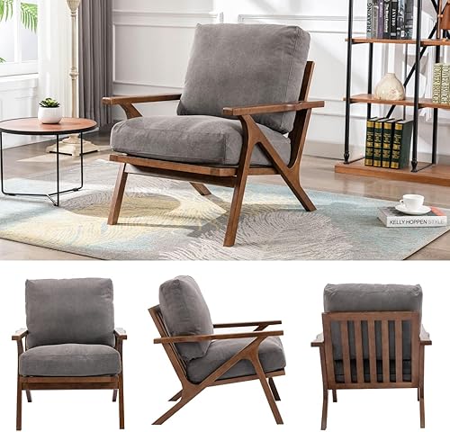 Miniatura 48 de Silla decorativa moderna de mediados de siglo con otomana, juego de sillón tapizado de lino de granja y otomano, silla de descanso retro de 23