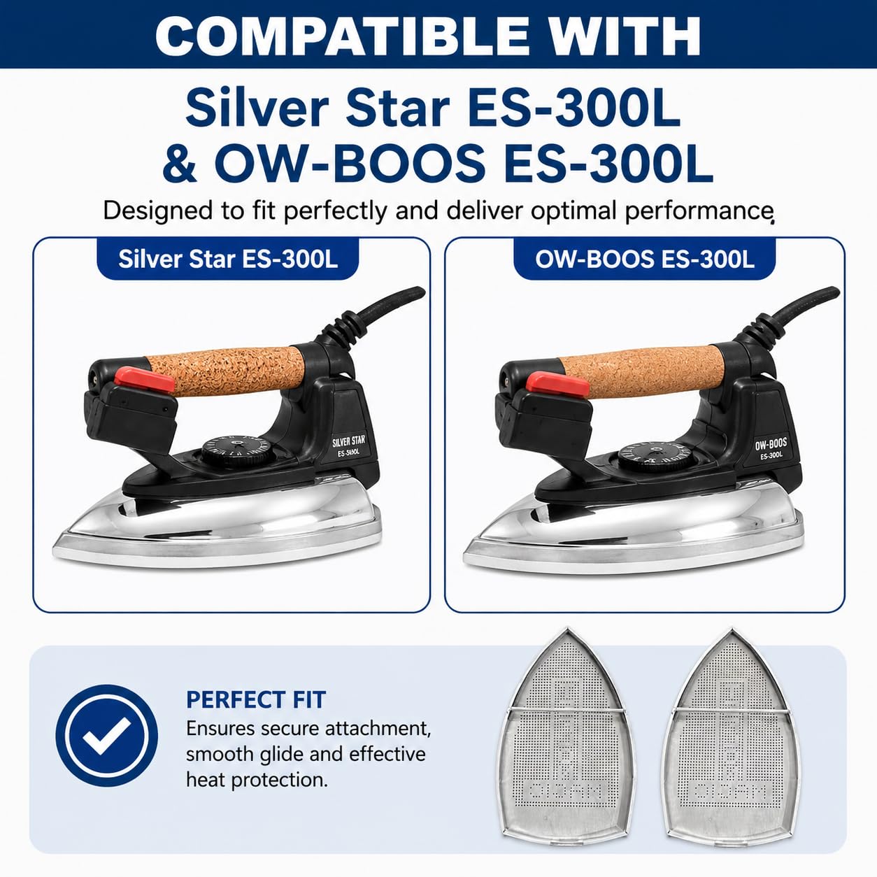 Zenith Pack of 2 Teflon Ironing Shoes - ES-300L Big Size | Fits Silver Star & OW-BOOS ES-300L Steam Irons | Non-Stick Surface for Smooth Gliding | Protects Fabric & Soleplate from Heat & Residue