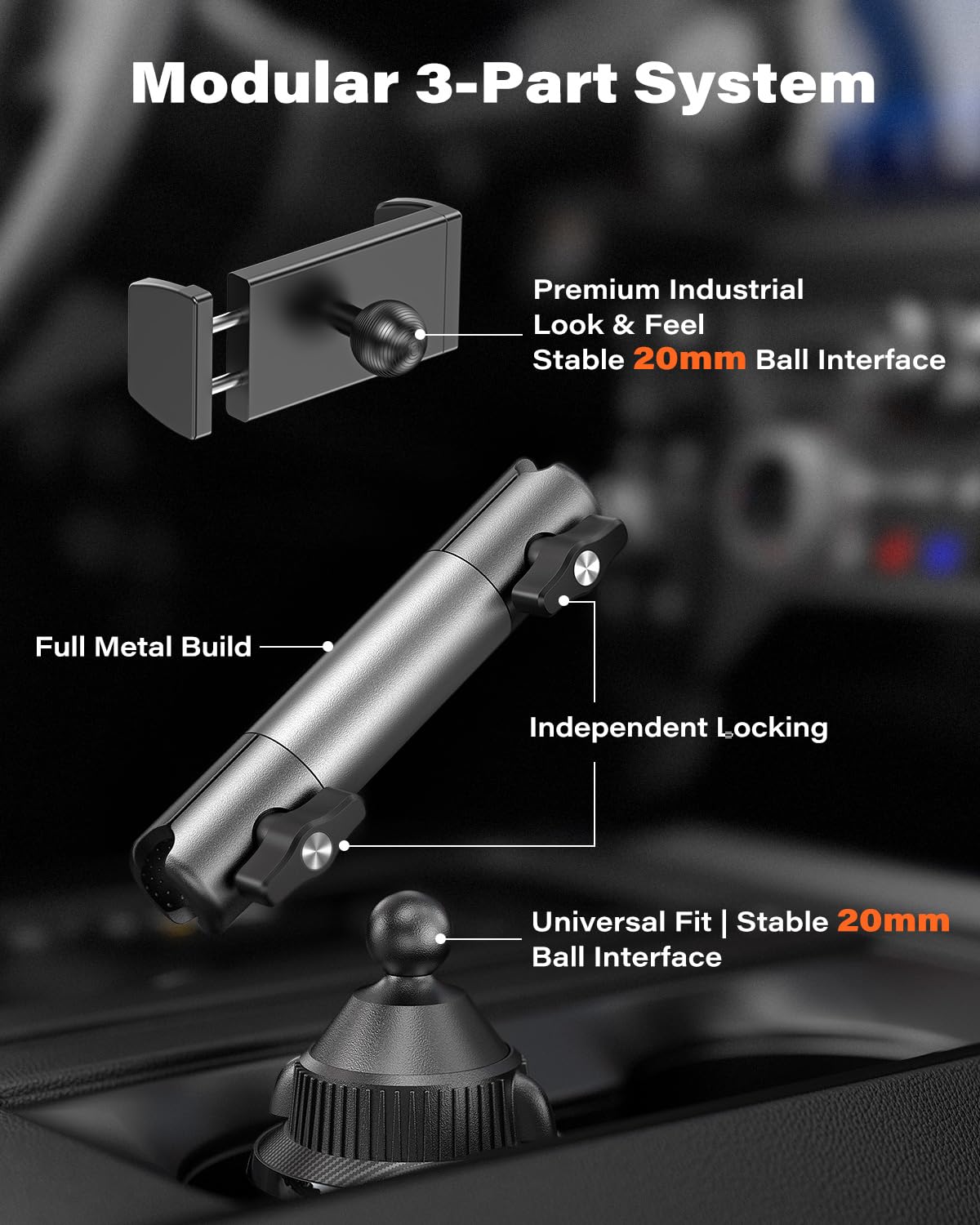 APPS2Car Soporte de teléfono de aluminio resistente para coche, soporte universal para teléfono con rótula de 20 mm, base de portavasos, brazo CNC ajustable