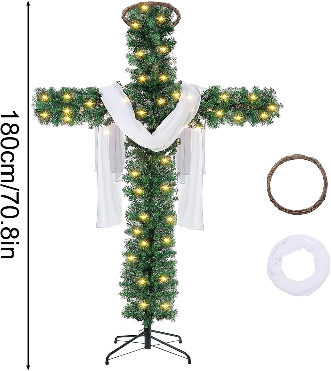 Large 6ft Cross Christmas Tree with String Lights - Religious Christian Decor with White Silk Scarf & Crown of Thorns | Easter & Christmas Ornament for Home, Church, Outdoor Display