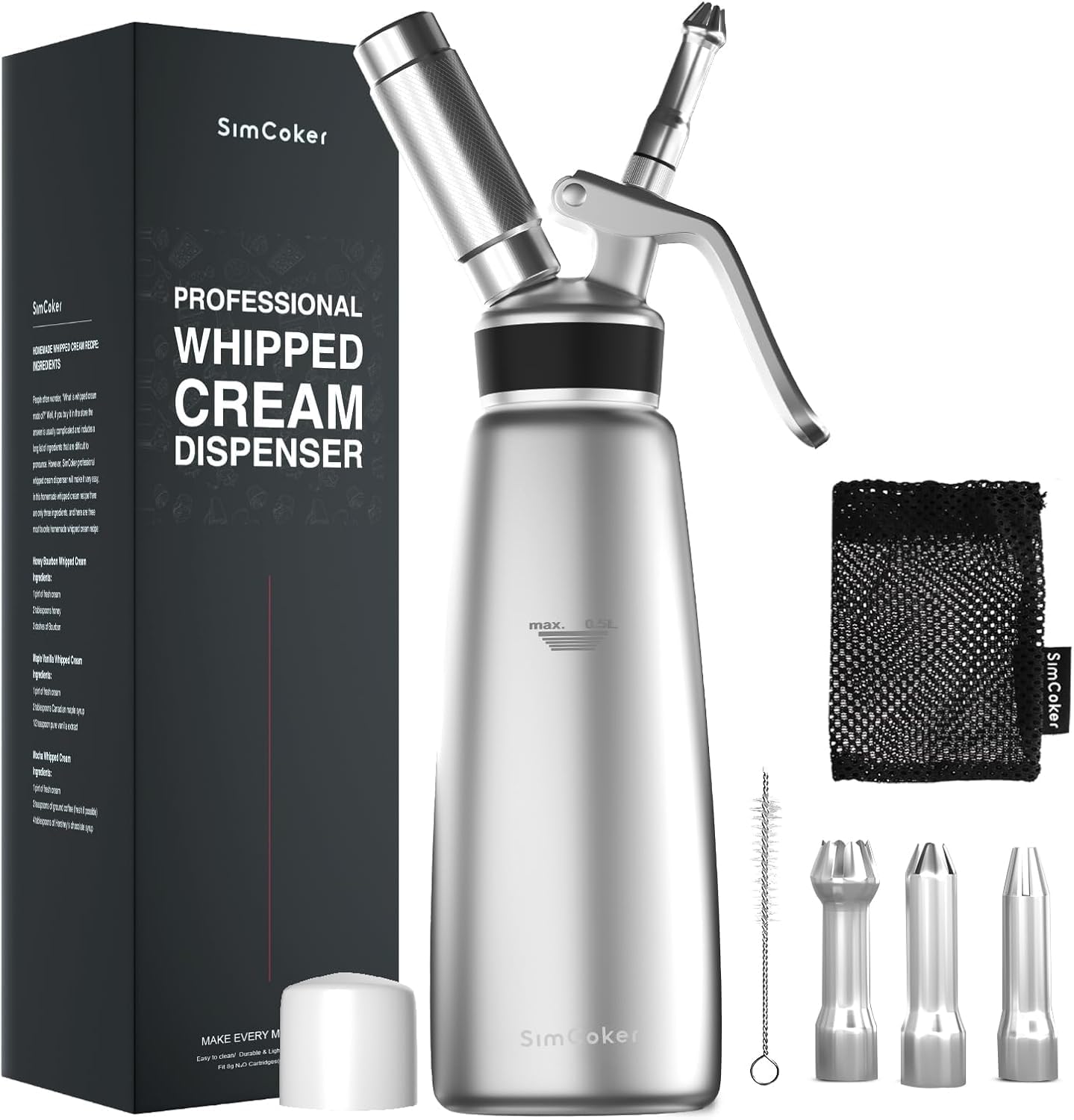 Aluminum Whipped Cream Dispenser, 500 mL / 1 Pint, Silver