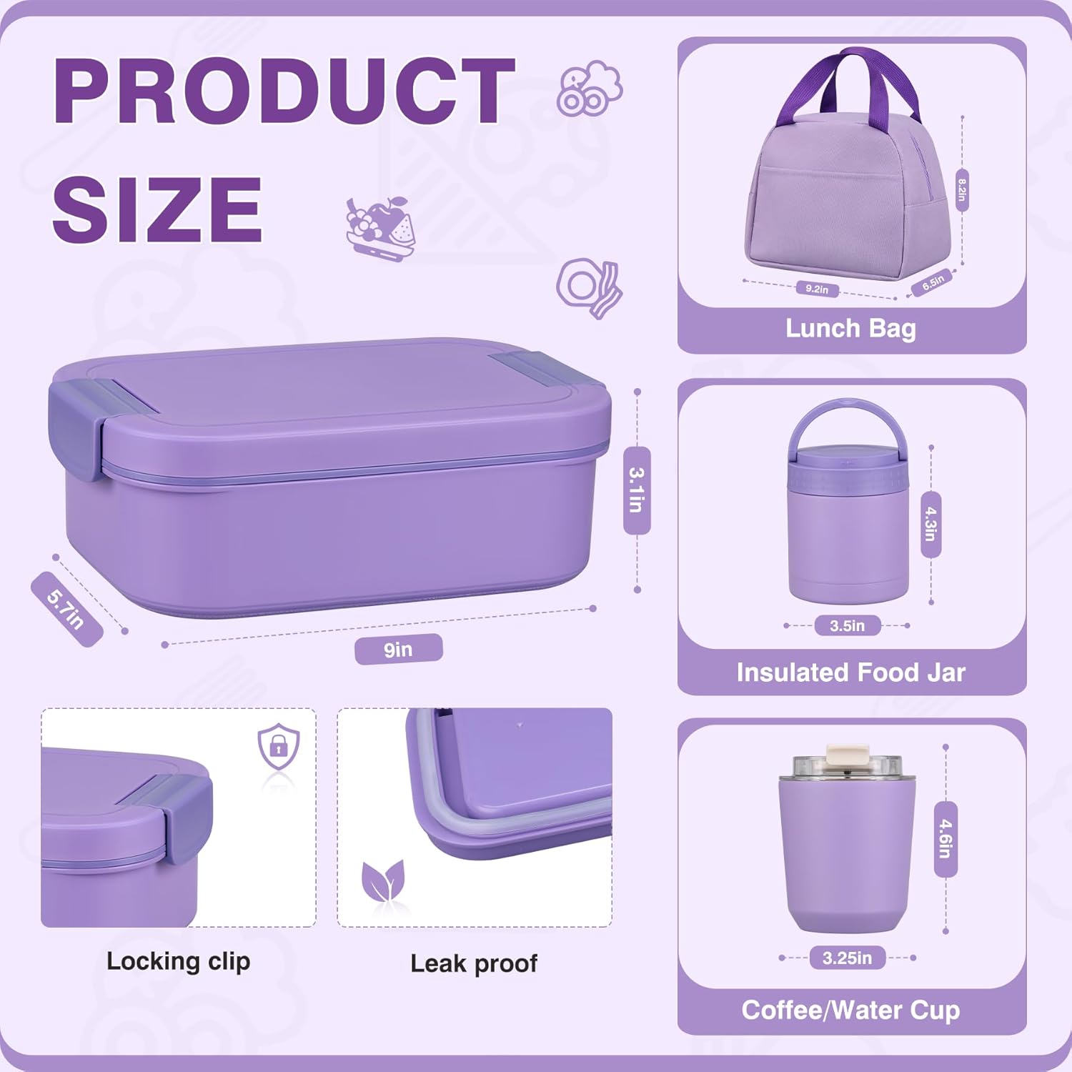 Bento Lunch Box Set with 10.5oz Soup Thermo Food Jar for Adults Kids, Stainless Steel Leak-proof Lunch Container with 4 Compartment, Coffee Tumbler with Lunch Bag for School Travel Office-Purple