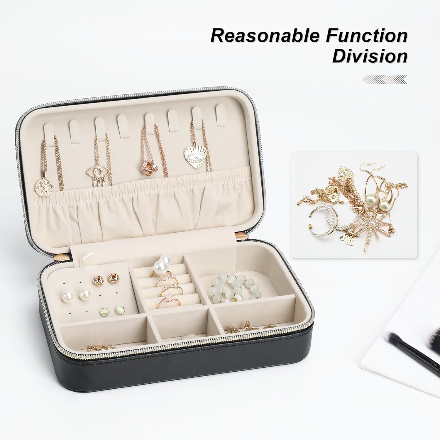 Women's Compact Jewelry Organizer PU Leather Travel Case with Secure Zipper and Soft Interior Perfect for Gifts or Personal Use Black