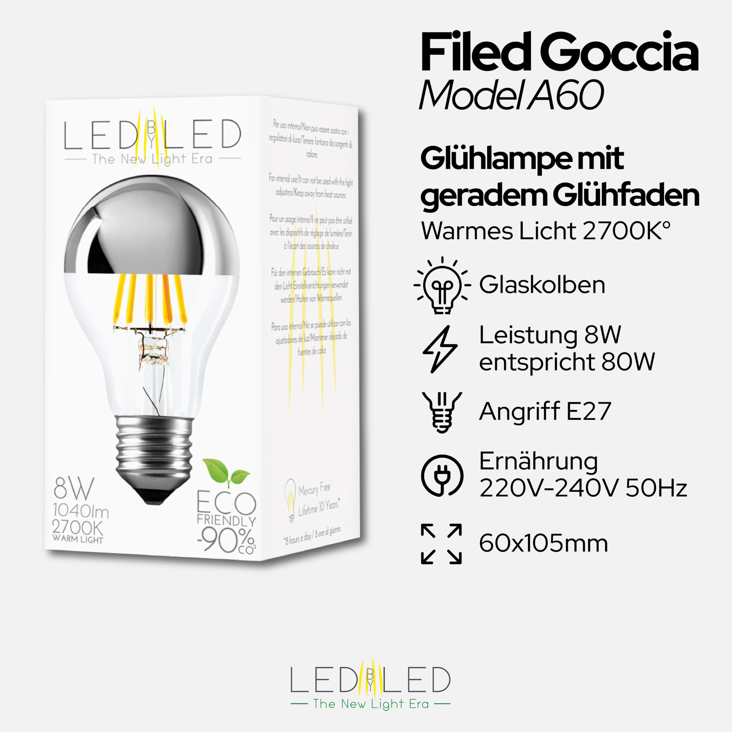 Glühbirne Tropfen Spiegel 8W entspricht 80W, E27, Glas Spiegel-Transparent Silber Top, 2700K Warmes Licht, gerader LED-Glühfaden, 1040 Lumen, 10er-Pack