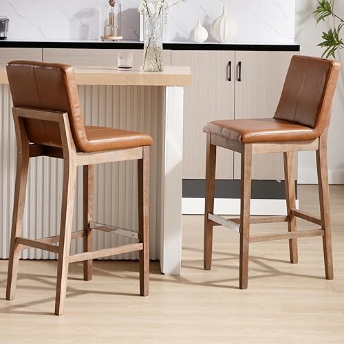 LZAREAL Juego de 2 taburetes de bar tapizados de piel sintética modernos de 30 pulgadas con patas de madera natural, silla para isla de cocina, bar