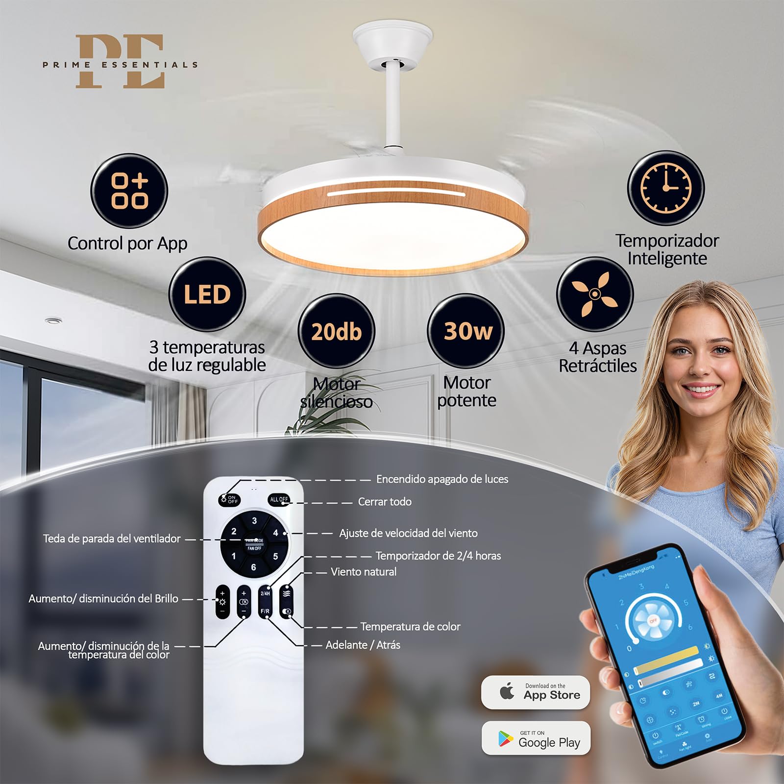 Ventilador de techo 6 en 1 Madera con Luz LED Ajustable 50CM con mando+APP I Ventilador Ultrasilencionso Motor DC + Lampara 66W I 2900 LM I Para techo, salón y dormitorio.