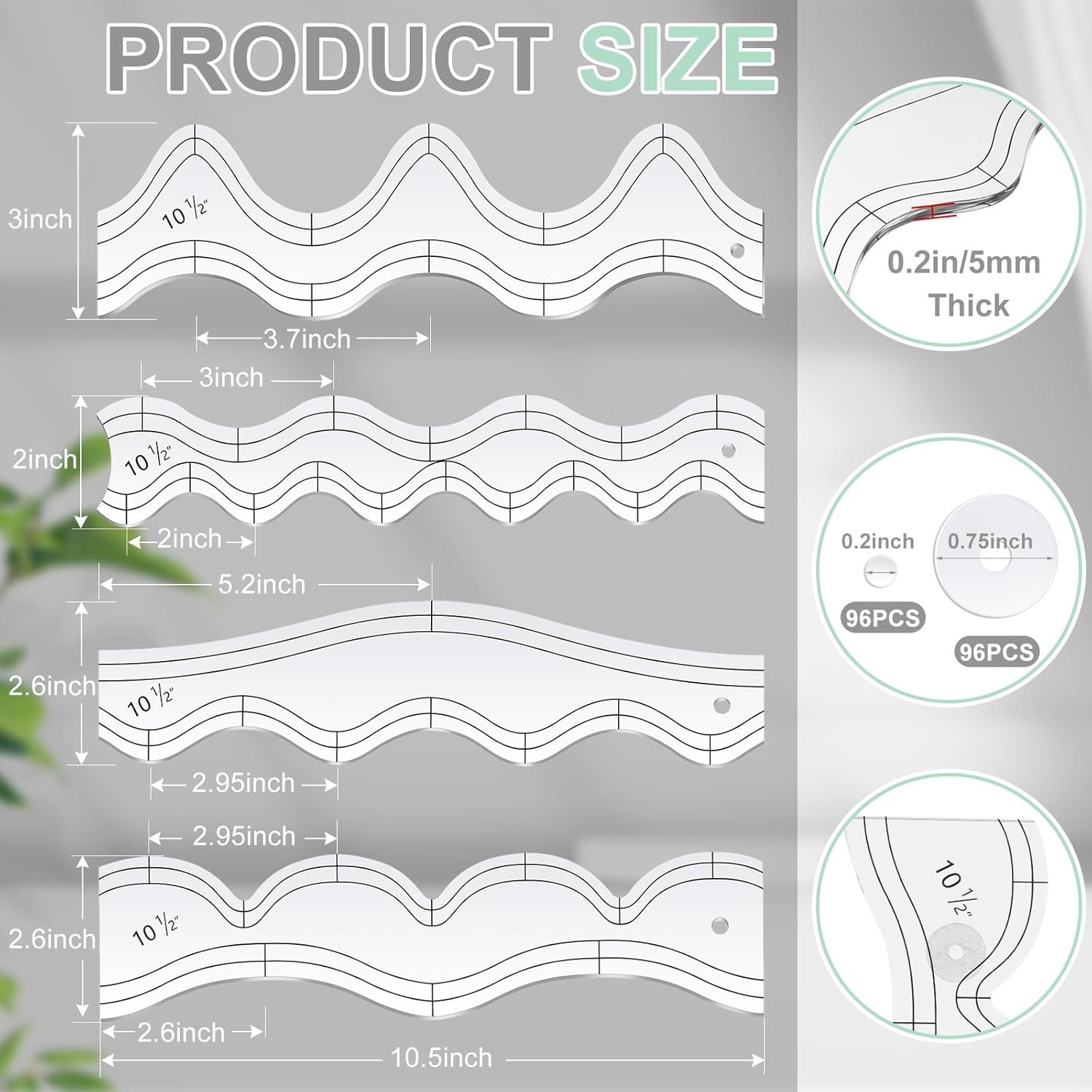 Kigley 4 Pcs Free Motion Quilting Templates Waves Acrylic Quilting Rulers for Machine Free Motion Sewing Stencils Patchwork Splicing with 96 Pcs Nonslip Grips(Rolling+Gentle)