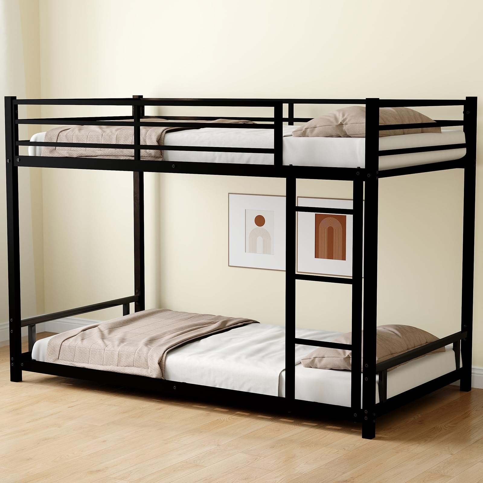 Twin Over Twin Bunk Bed,Heavy Duty Metal Bunk Bed Frame for Adults,2 Side Ladder,Guardrail,Space-Saving,Noise Reduced,No Box Spring Needed,Black (Black, Twin Over Twin)