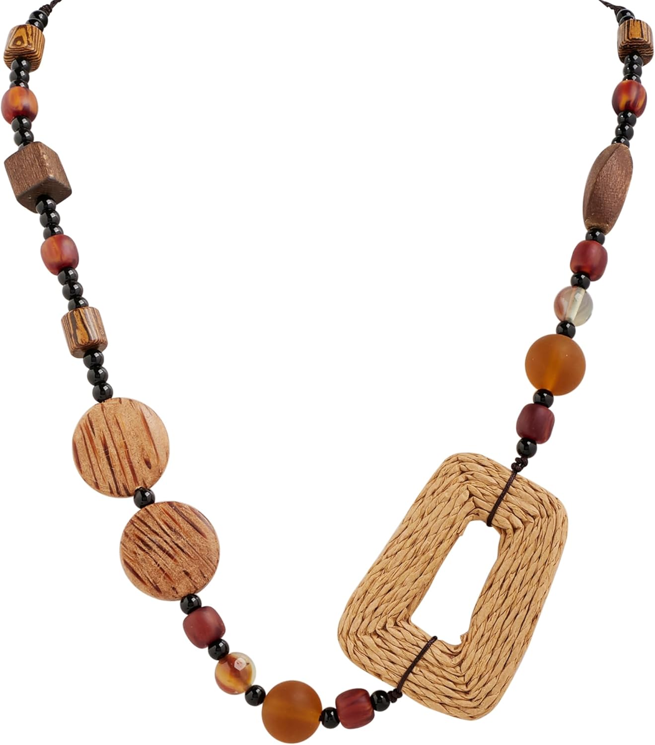 MINACHI Handmade Braided Necklace for Women, Wooden Beads, Rattan Charm, Vintage Style, Gift Jewelry