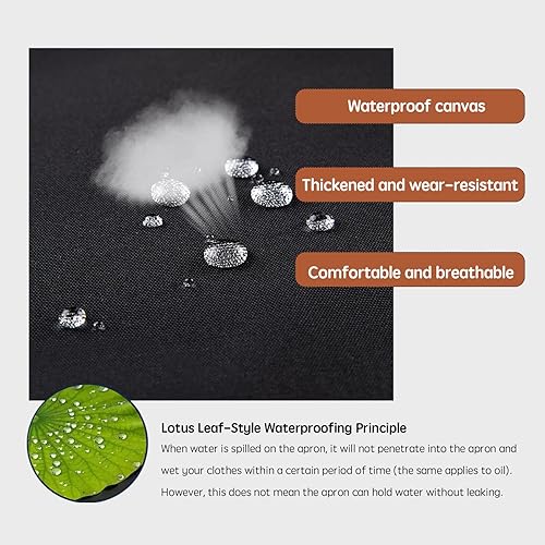 Miniatura 5 de Delantal de cocina para hombres y mujeres, delantal impermeable negro con 4 bolsillos, delantales de cocina de lona ajustables para barbacoa,