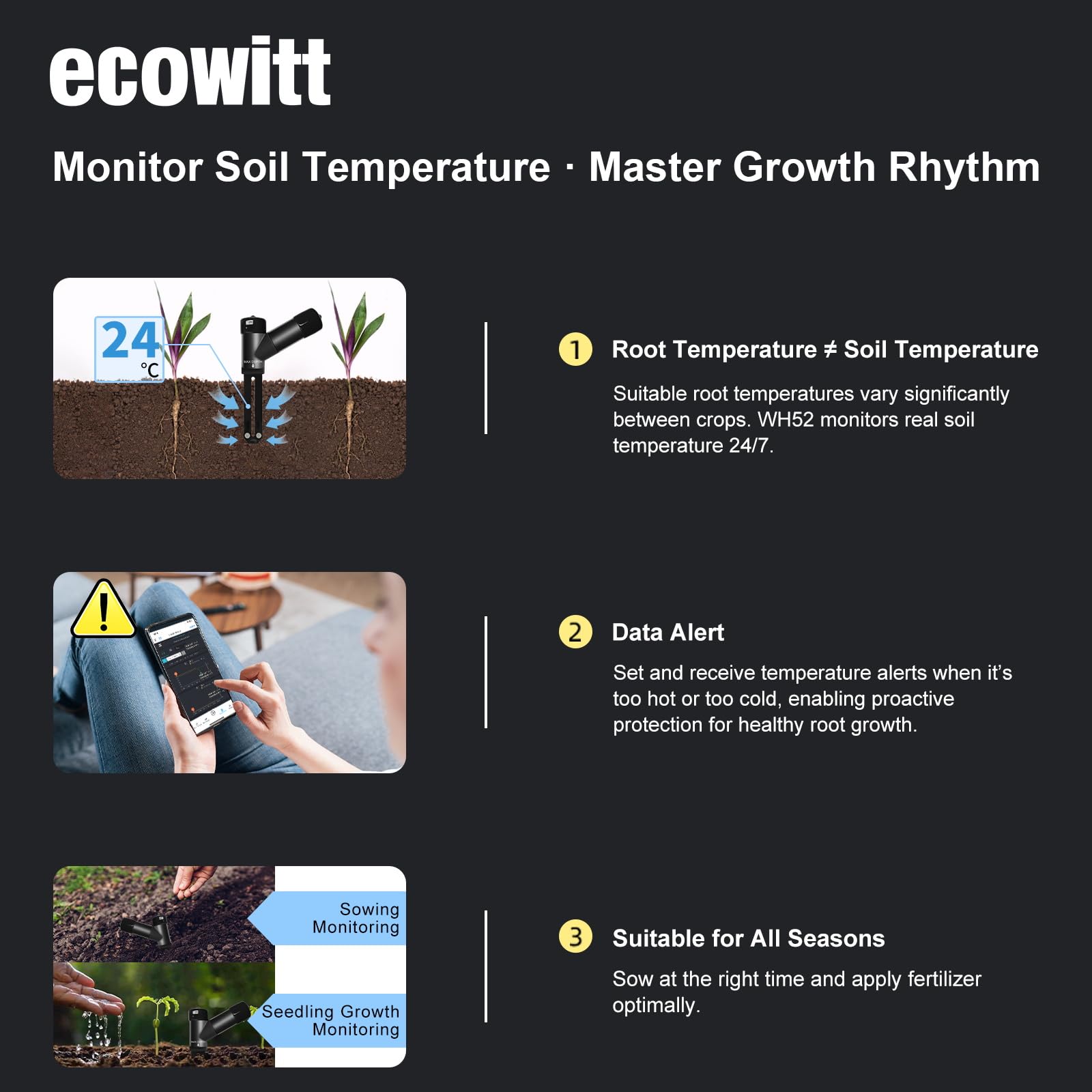 ECOWITT WH52 16-Kanal Bodenfeuchtesensor Boden-EC-Sensor Temperaturmesser Hygrometer Pflanzenwasser-Monitor
