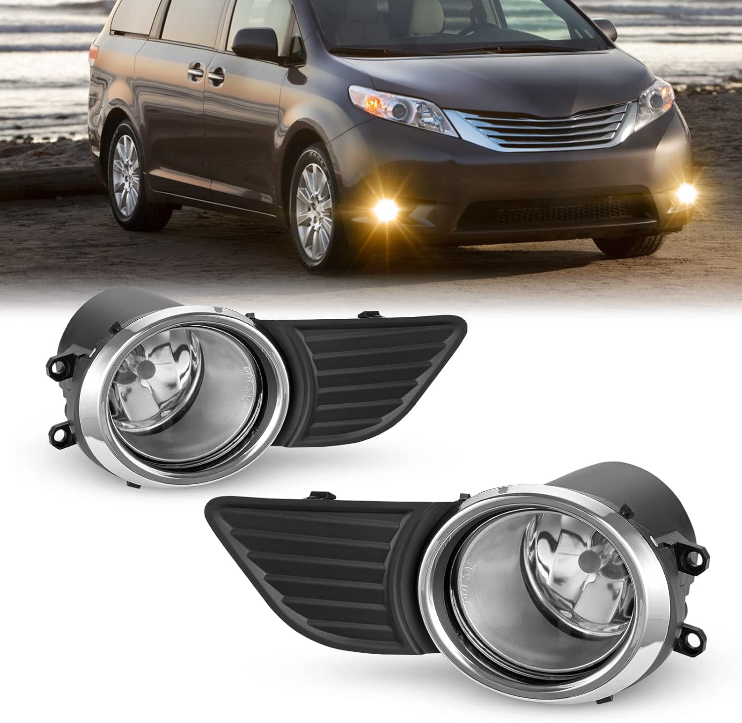 Driving Fog Light Assembly For 2011-2017 Toyota Sienna(Base | LE | XLE, Not Fit SE Models) With Chrome Bezel Halogen Bulbs Included Switch And Wiring Kit
