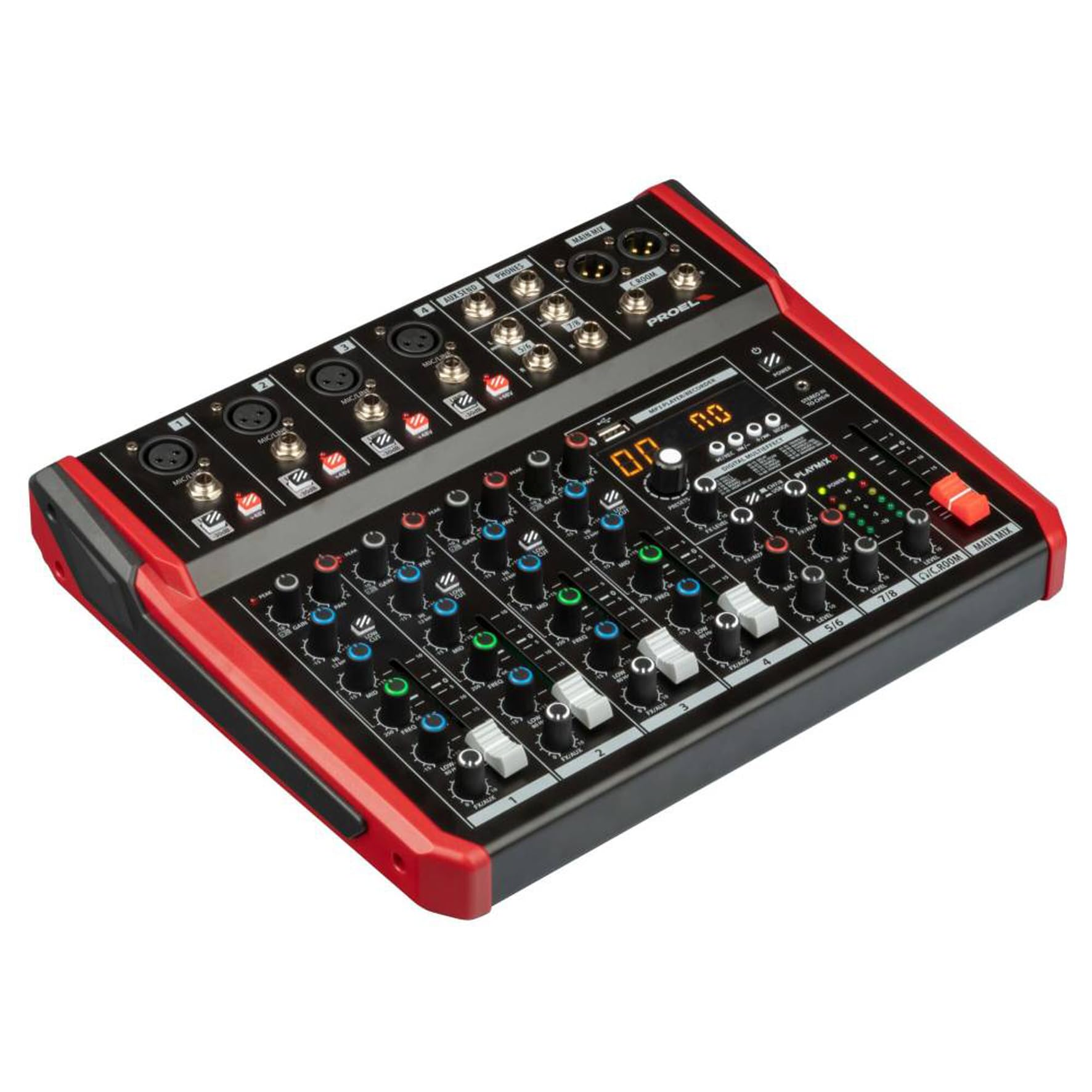 PROEL Proel PLAYMIX8 - Mixer audio a 8 ingressi con modulo bluetooth, lettore MP3 e Registrazione stereo su USB, Nero rifiniture in Rosso