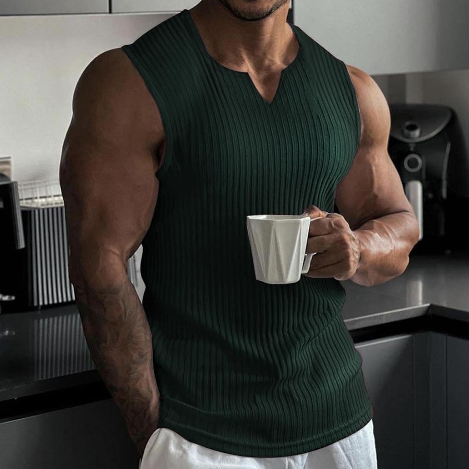 Men's V-Neck Breathable Sports Vest Tight-Fit Casual Fitness Solid Color Sleeveless Tank Top Gym Workout Running Shirt