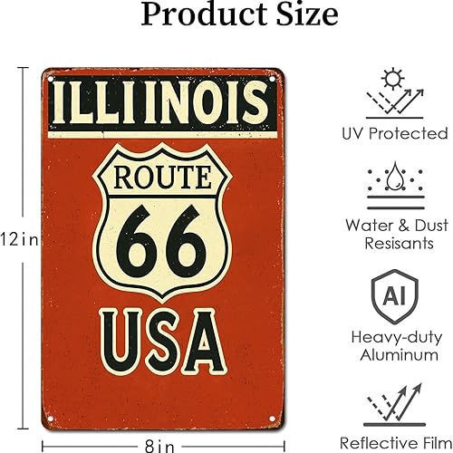 Miniatura 2 de Illinois Route 66 pósteres de 8 x 12 pulgadas, divertido letrero de metal para el hogar, dormitorio, sala de estar, cocina, garaje, cueva de hombre,