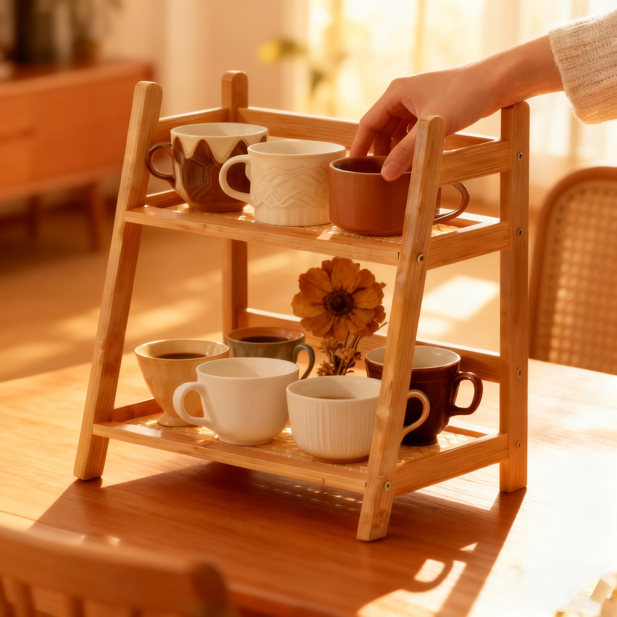 Wicker-Look 2-poziomowy stojak do przechowywania herbaty i kawy – stylowe kuchenne półki na szafki z naturalnego drewna, 26,5 x 18 x 28,5 cm, oszczędność miejsca, do domu i kawiarni