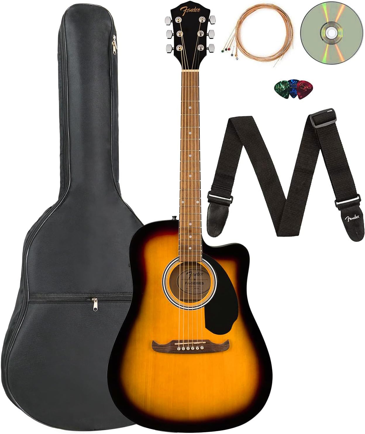 Fender FA-125CE Dreadnought Cutaway Acoustic-Electric Guitar - Sunburst Bundle with Gig Bag, Strap, Strings, Picks, Fender Play Online Lessons, and Austin Bazaar Instructional DVD