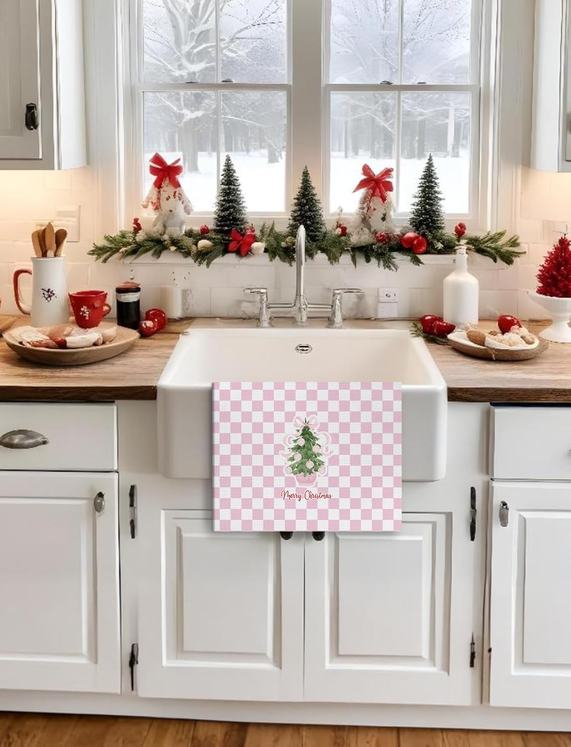 Pink Chinoiserie Christmas Kitchen Towels, Coquette Pink Bow Preppy Christmas Tree Hand Towels for Bathroom, Grandmillennial Checkered Xmas Dish Tea Towel for Kitchen Decor, 16x24 Inch - Image 4