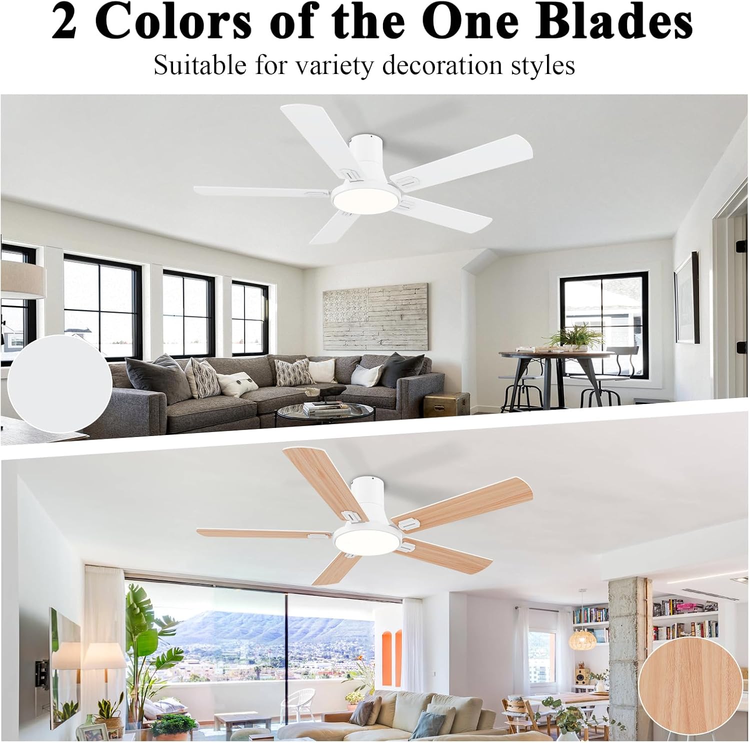 SNJ 52 Inch White Ceiling Fans with Lights and Remote,Flush Mount Low Profile 5 Blades Ceiling Fan,Dimmable Quiet Reversible DC Motor for,Living Room,Bedroom and Patio