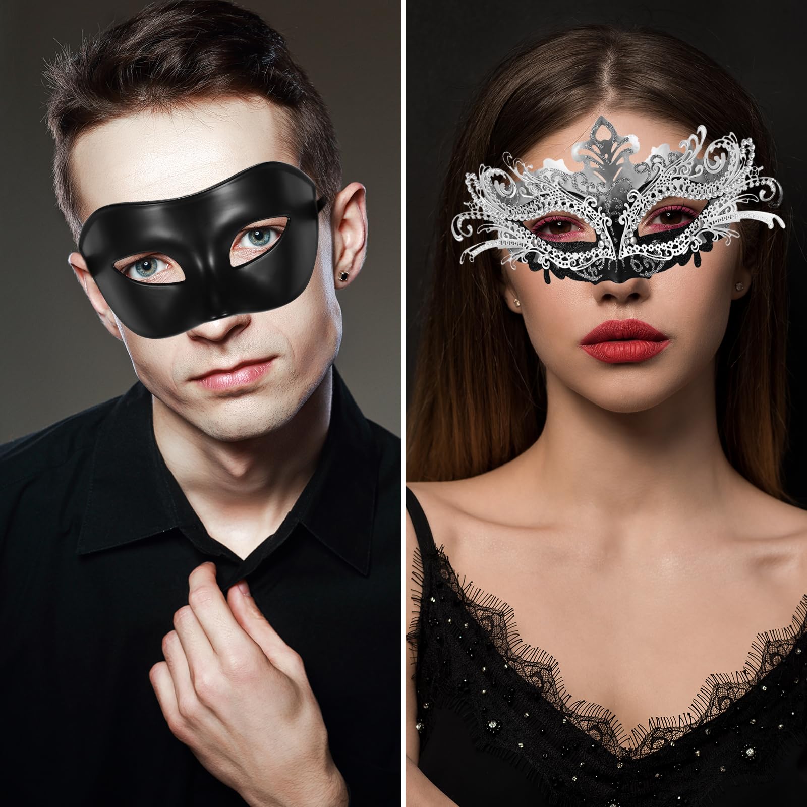 Oidea Masquerade Mask for Couples: Shiny Rhinestones Filigree Metal Venetian Mardi Gras Mask for Women Men Party Prom Ball Masks Silver - Image 2