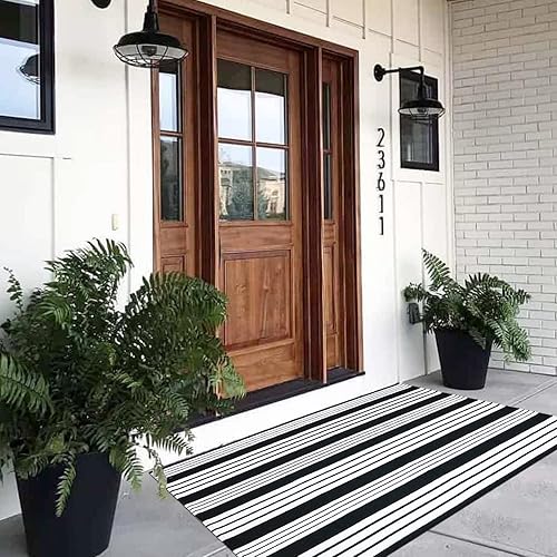 Vista 121 de Alfombra de exterior blanca y negra de 3 x 5 pies, alfombra de algodón tejida a mano, lavable a máquina, para interiores y exteriores, alfombra