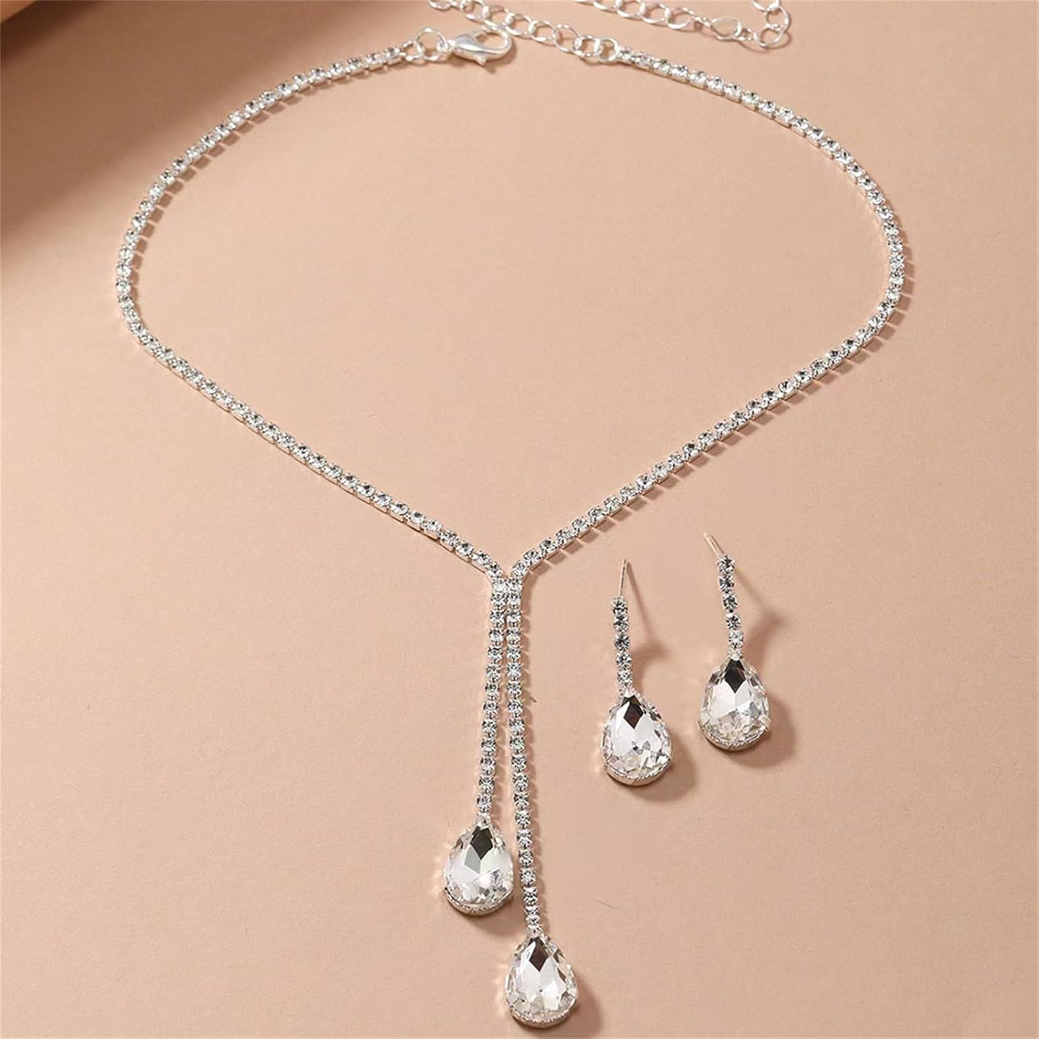 Wedding Bride Crystal Jewelry Set Silver Plated Bridal Elegant Teardrop Waterdrop Sparkly Rhinestone Cubic Zirconia Tassel Choker Necklace Earrings Set for Women Prom Party Fashion Jewelry Gifts - Image 5