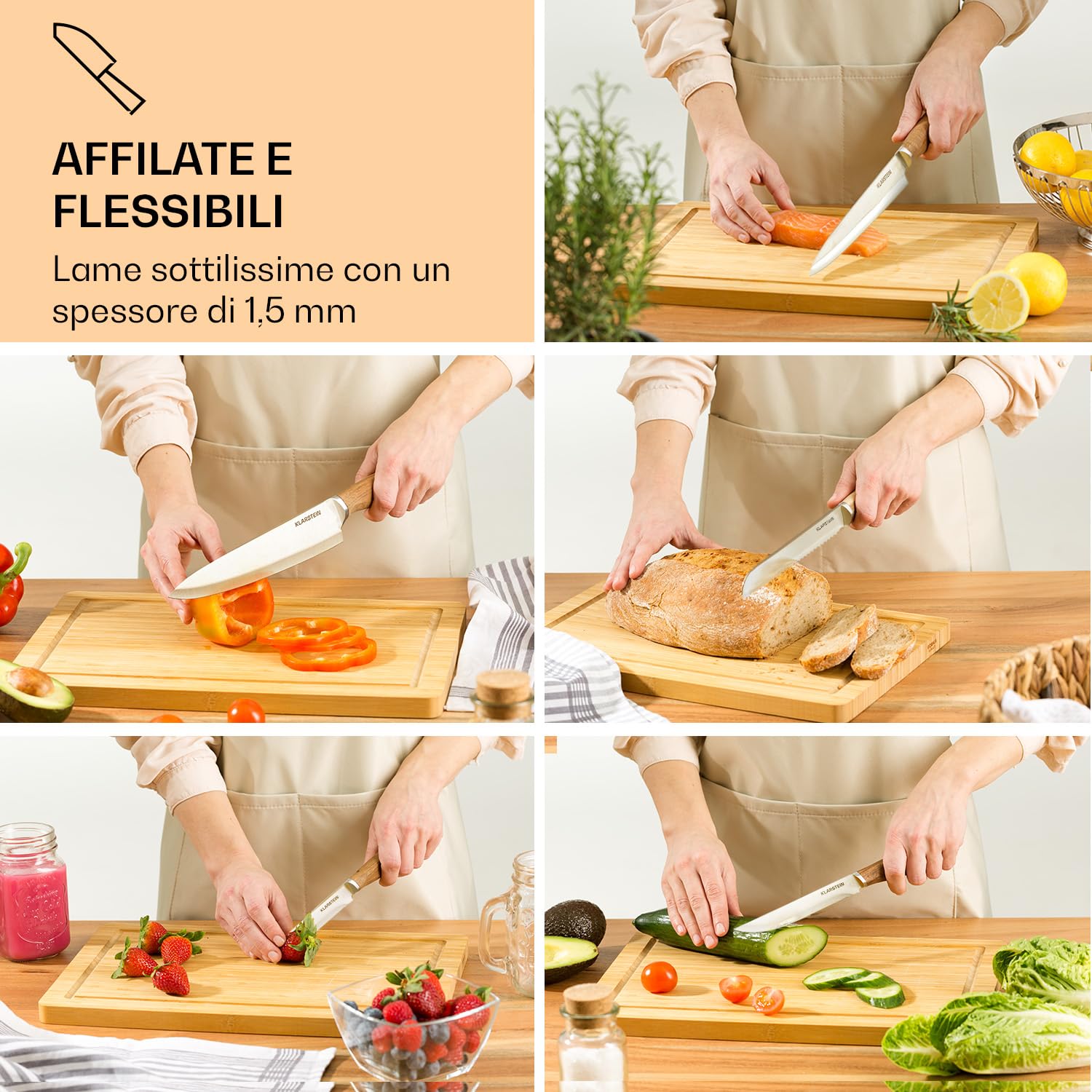 Klarstein Coltelli da Cucina Professionali 5 Pezzi, Set Coltelli da Cucina con Ceppo Magnetico, 5 da in Acciaio Legato, Set da Professionali Anti Graffio