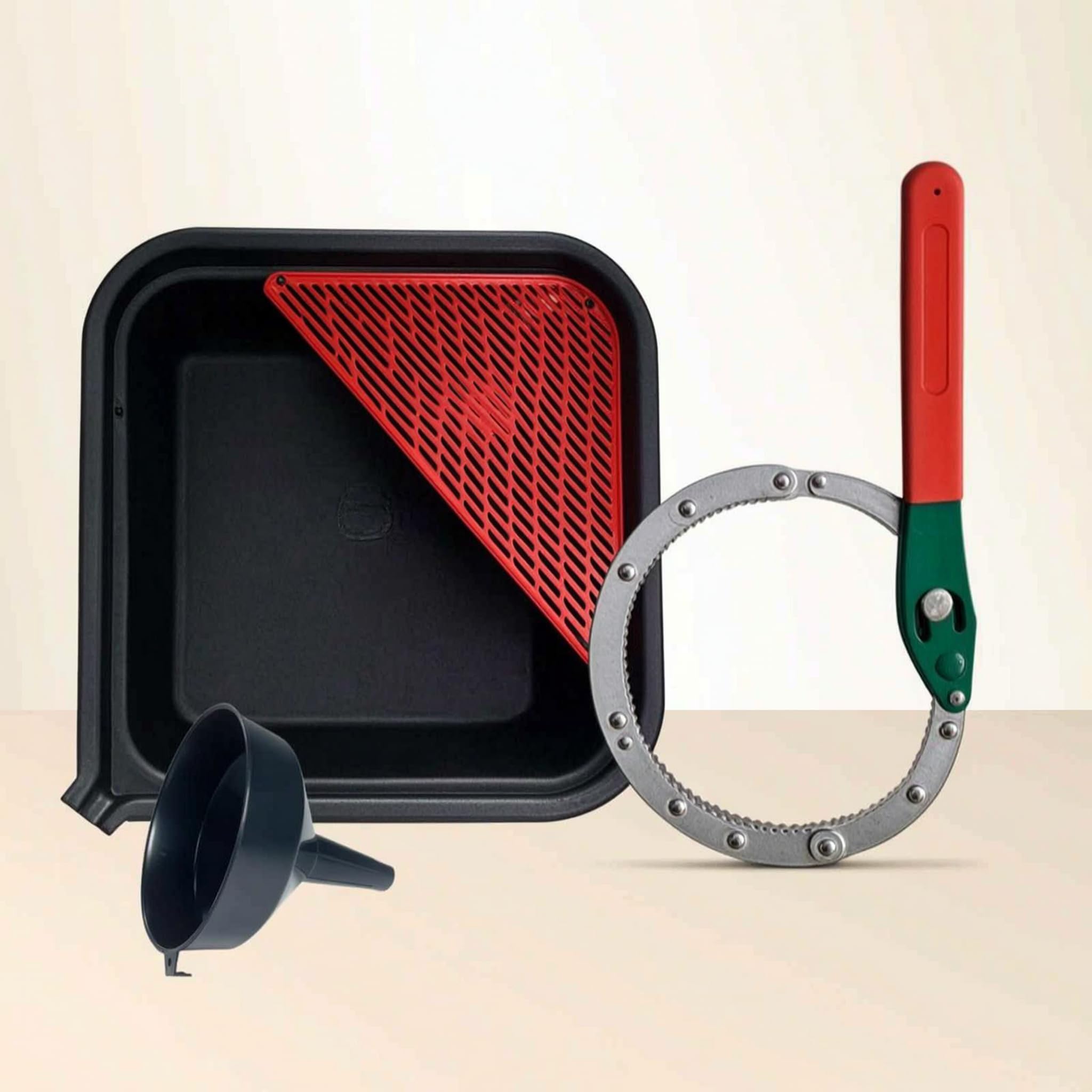 Vaschetta di Raccolta Olio Motore Litri con Imbuto, Realizzata in Polipropilene (PP), 35,5 X 35,5 X 12,5 Cm, Chiave Multifunzione, Cinghia