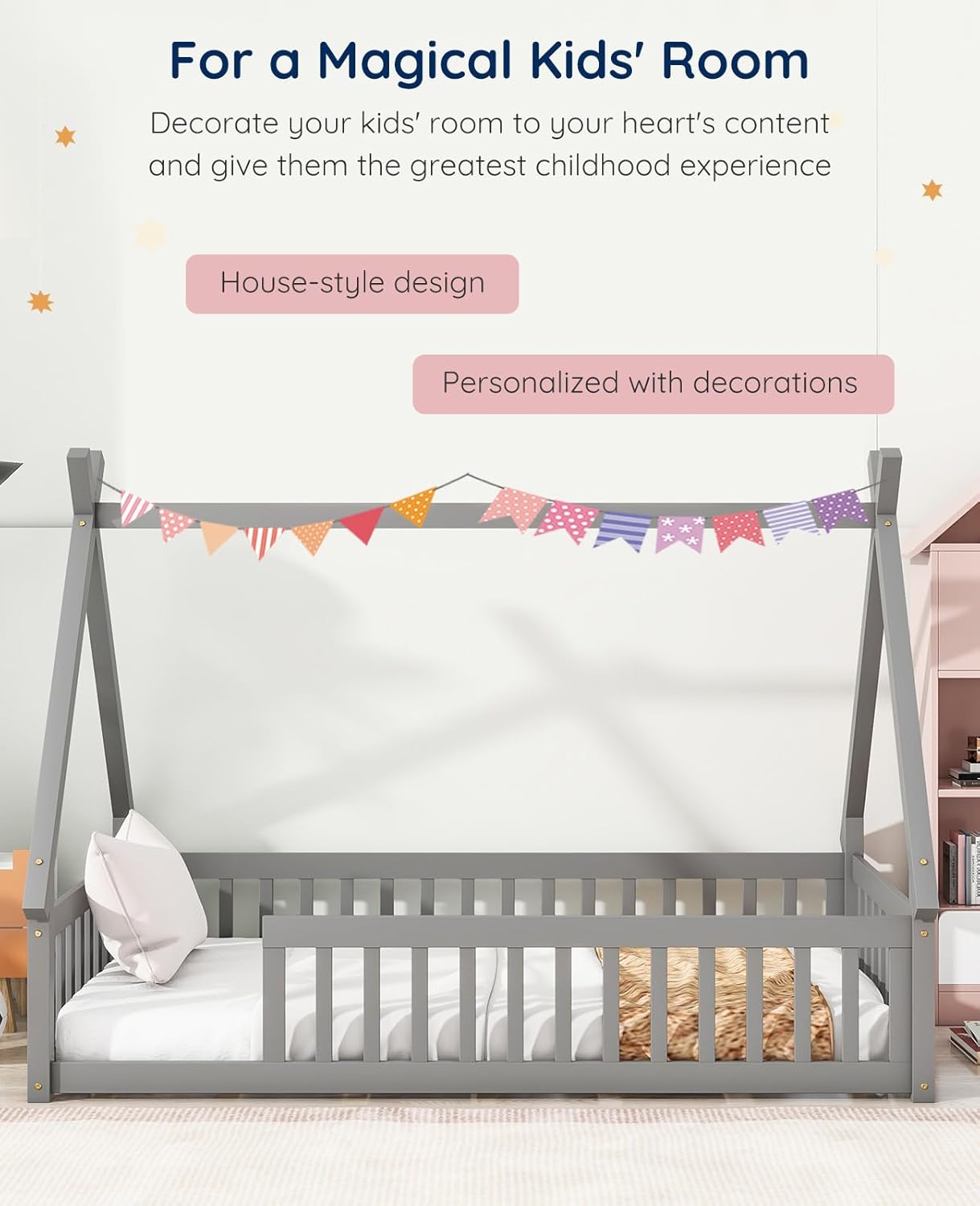 Tatub Twin Montessori Floor Bed Frame with Rails and Roof, Wood Tent Floor Bed for Kids，Girls and Boys, Grey