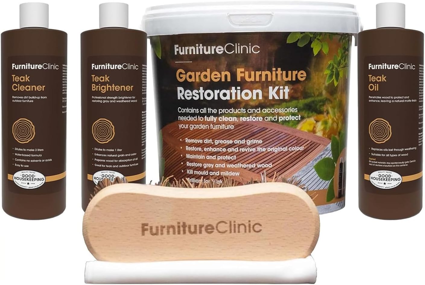 Garden Furniture Restoration & Wood Maintenance Kit - Wooden Outdoor Furniture Cleaner, Restorer & Protector Treatment - With Teak Oil, Teak Cleaner, Teak Brightener & Accessories