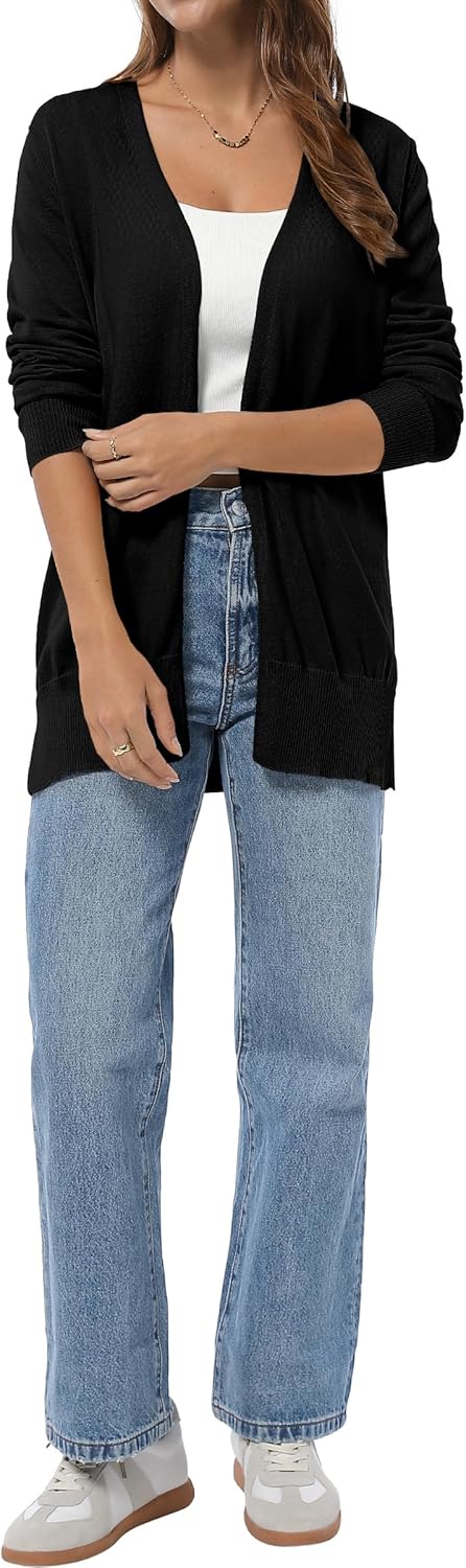 QUALFORT Women's Lightweight Open Front Cardigan Cotton Long Sleeve Casual Loose Fit Knit Cover Up Sweater - Image 4