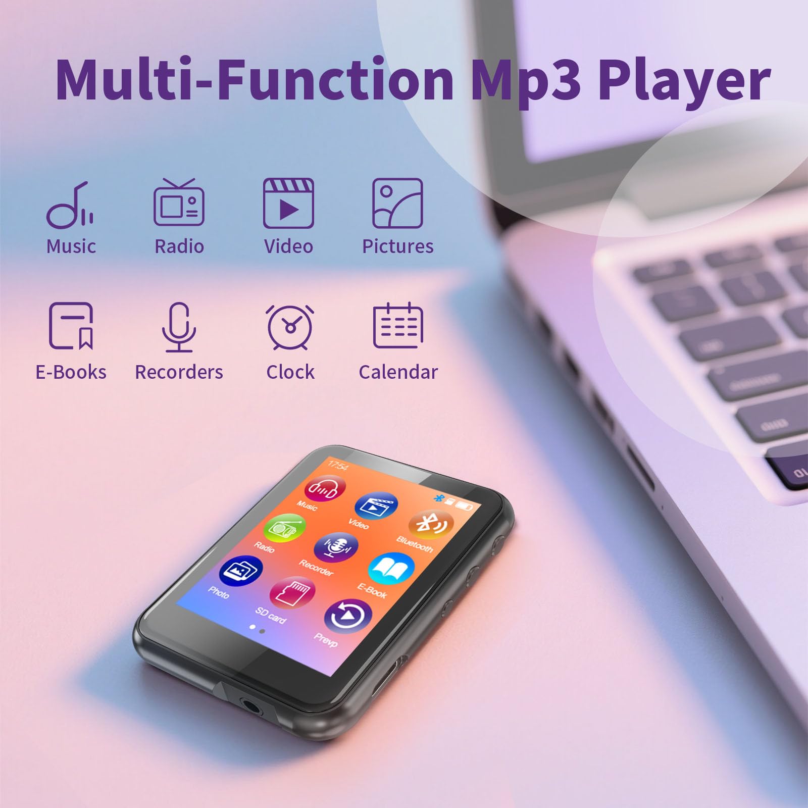Reproductor MP3 de 32 GB con Bluetooth 5.3, pantalla táctil de 2,4 pulgadas, radio FM, grabación de voz, sonido Hi-Fi, función de libro electrónico, ampliación de memoria de hasta 512 GB