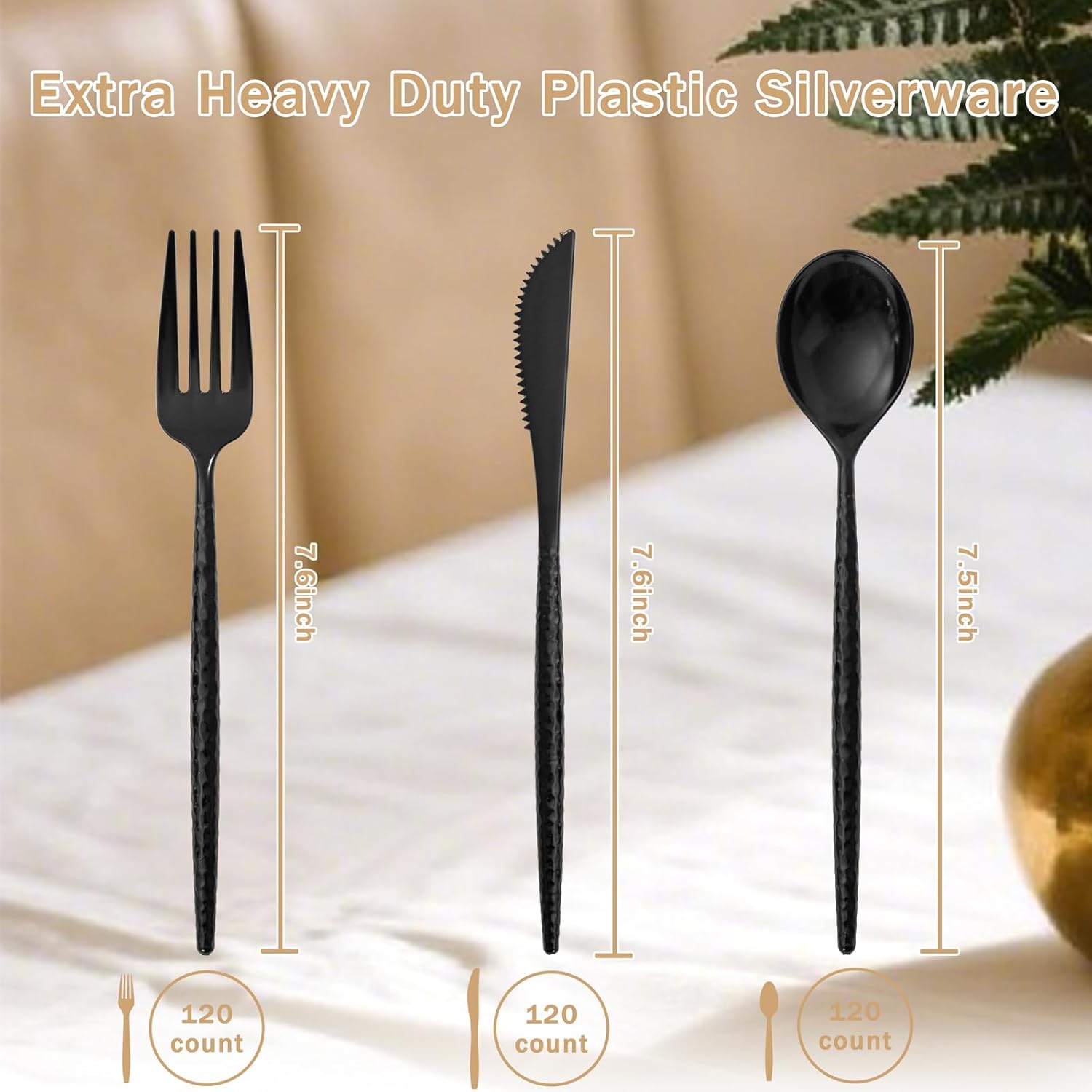 Supernal 360Pcs Black Plastic Silverware Heavy Duty Disposable Cutlery with Hammered Design,Black Utensils Set Include 120 Knives,120 Forks and 120 Spoons Suitable for Party,Anniversary&Halloween