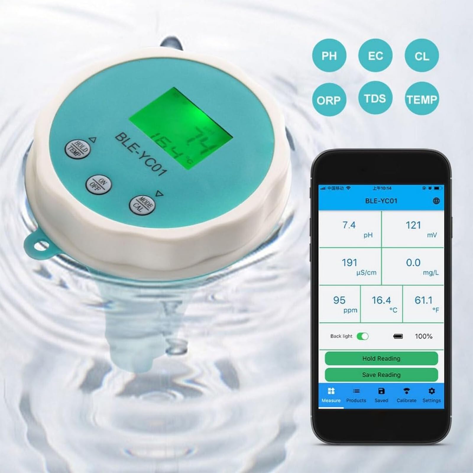 Monitor Intelligente per La qualità dell'Acqua della Piscina, 6 Funzioni in 1, Blue-Tooth, con Controllo Tramite App, Display LCD, PH/ORP/EC/CL/Salto/Temperatura, Design Impermeabile