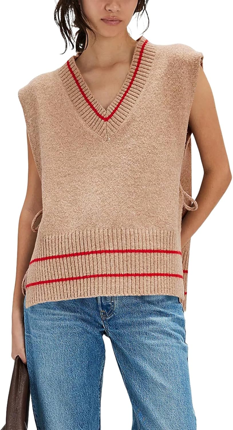 Yesfashion Womens Sleeveless Striped Ponch Sweaters V Neck Color Block Tie Side Going Out Ribbed Knit Pullover Sweater Vest Tops Apricot