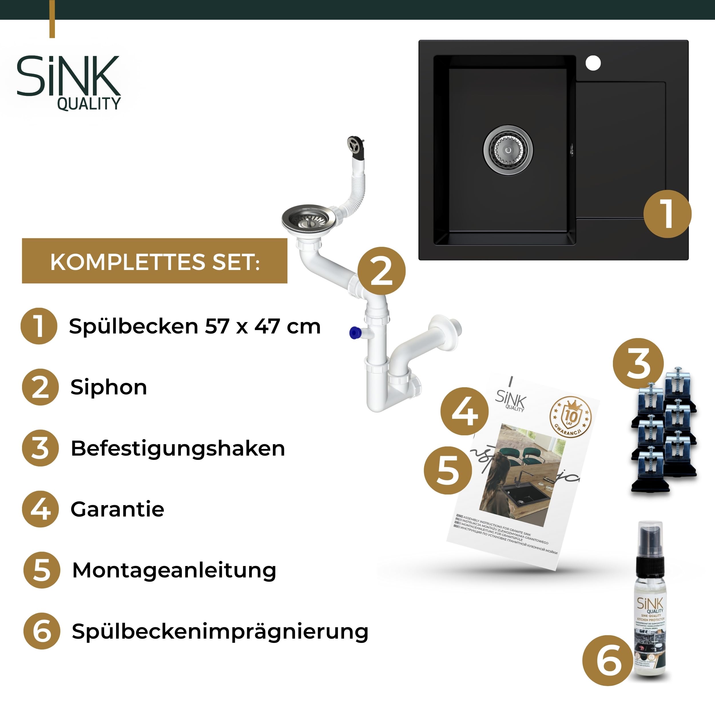 SINK Quality zlewozmywak granitowy czarny 58 x 47 – zlewozmywak z syfonem i środkiem impregnującym – zlewozmywak kuchenny czarny z ociekaczem do szafki pod umywalkę 50