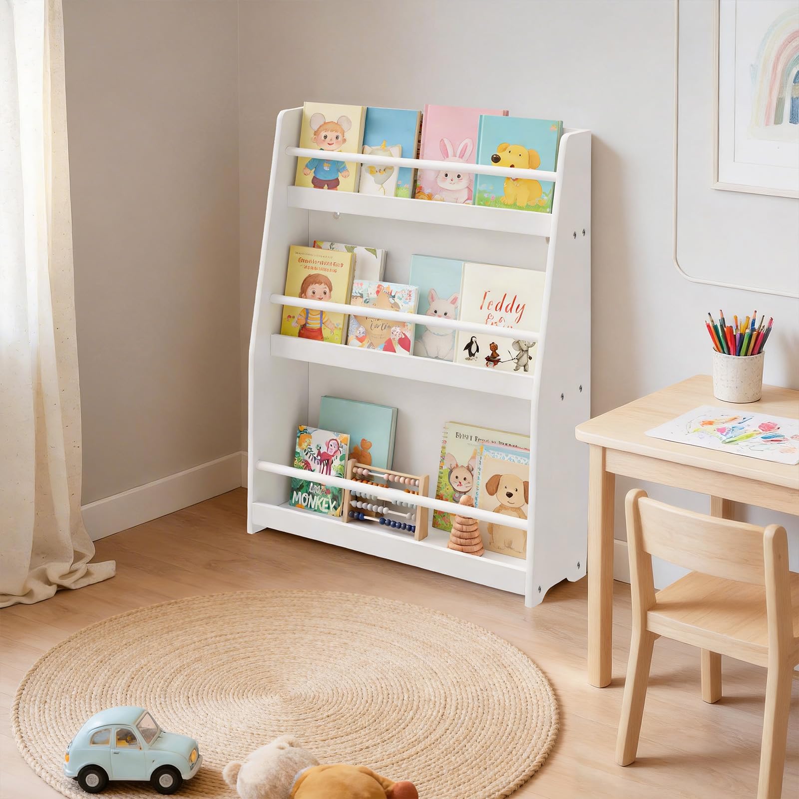Lestarain Libreria Montessoriana per Bambini, Scaffale Porta Libri e Giocattoli a 3 Ripiani, Organizzatore per Cameretta dei Bimbi, in MDF e Legno di Pino, Bianco