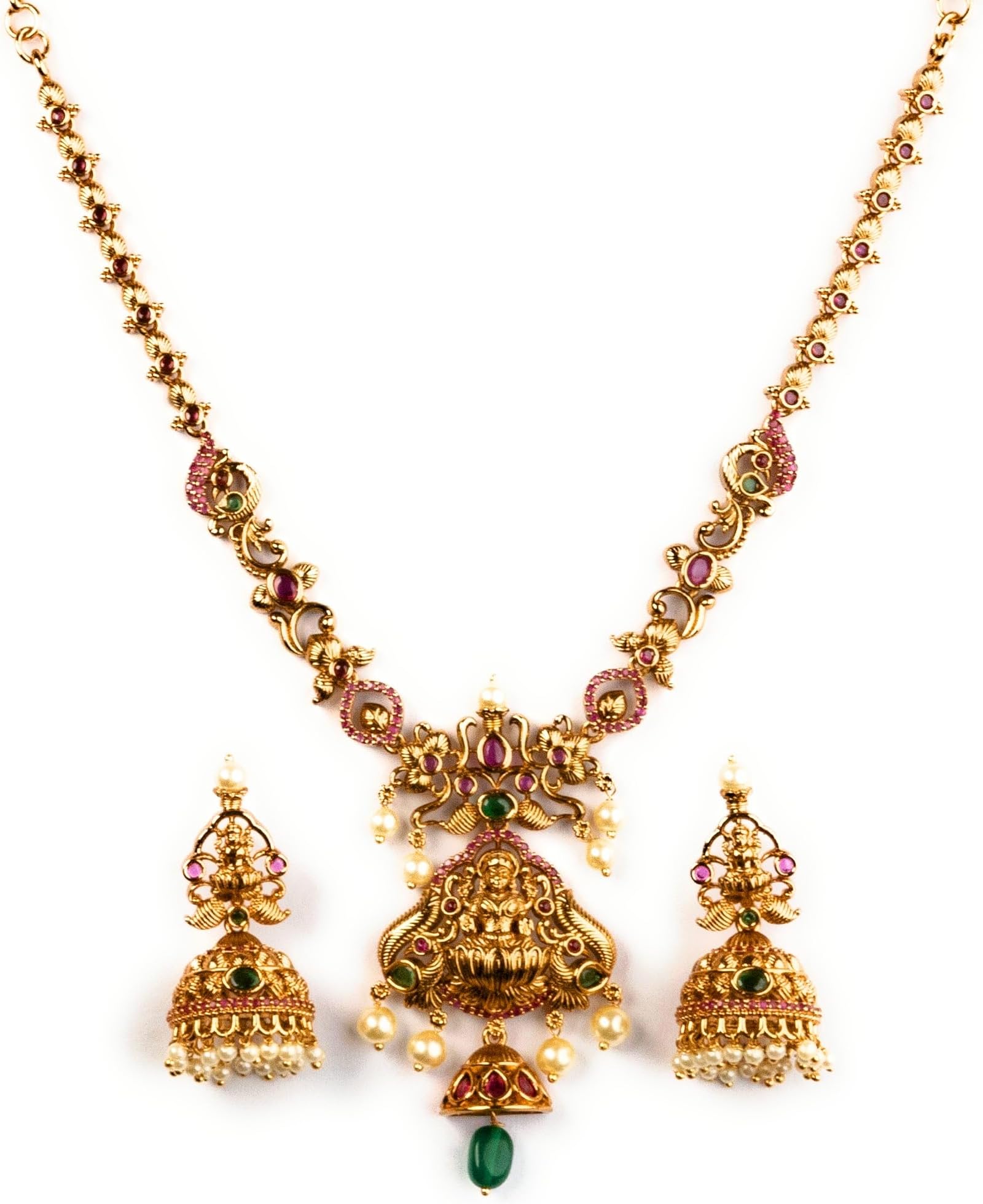 SasitrendsTraditional American Diamond Gold Plated Peacock and Lakshmi Necklace Jewellery Set for Women and Girls