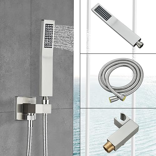 Miniatura 5 de Juego de grifo de ducha de níquel cepillado con cabezal de ducha de lluvia de 12 pulgadas y rociador de mano montado en la pared con válvula