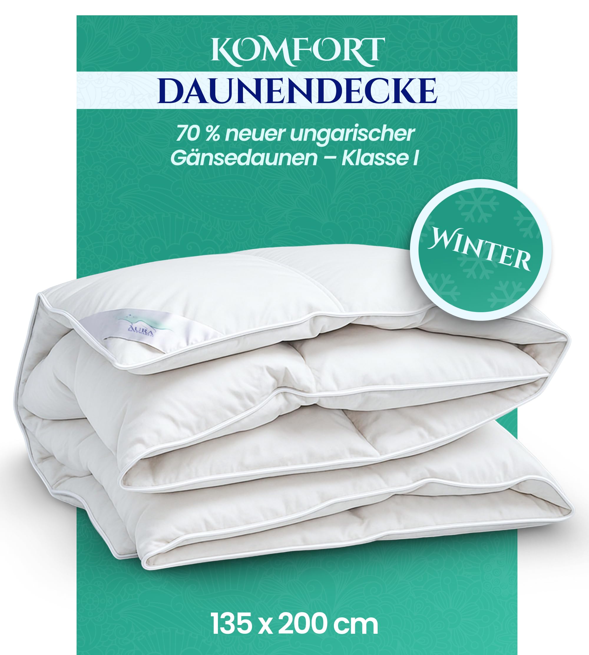 Aura® Luxury Warm Winterdecke 135 x 200 cm |Comfort 70% Neue ungarische Gänsedaunen Klasse I | Oeko-TEX 100 allergikergeeignet | pflegeleicht 100% Baumwolle