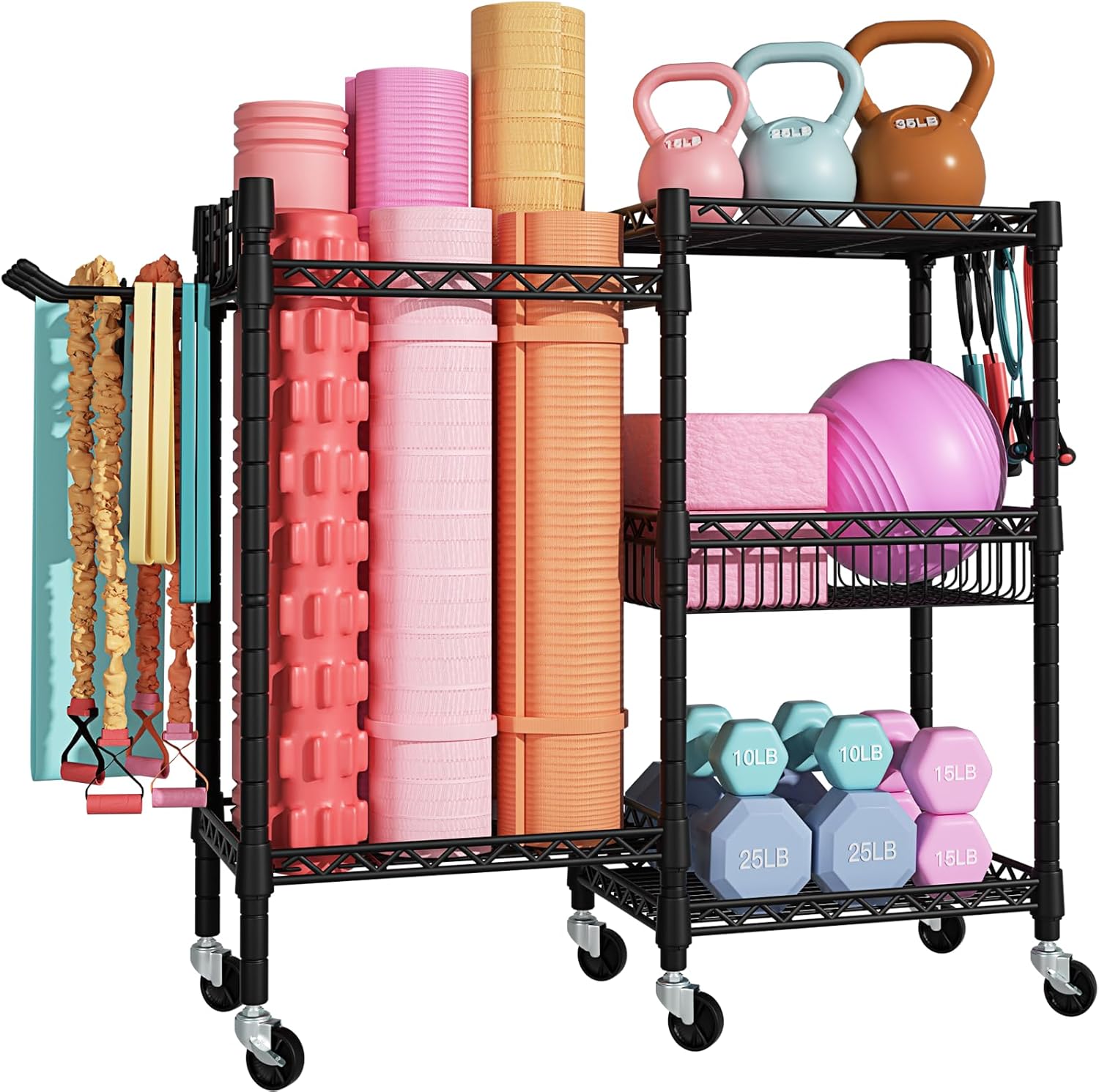 Home Gym Storage, 3 Tiers Workout Equipment Organizer with Wheels for Yoga Mats, Foam Roller, Dumbbells, Kettlebells, and Resistance Bands