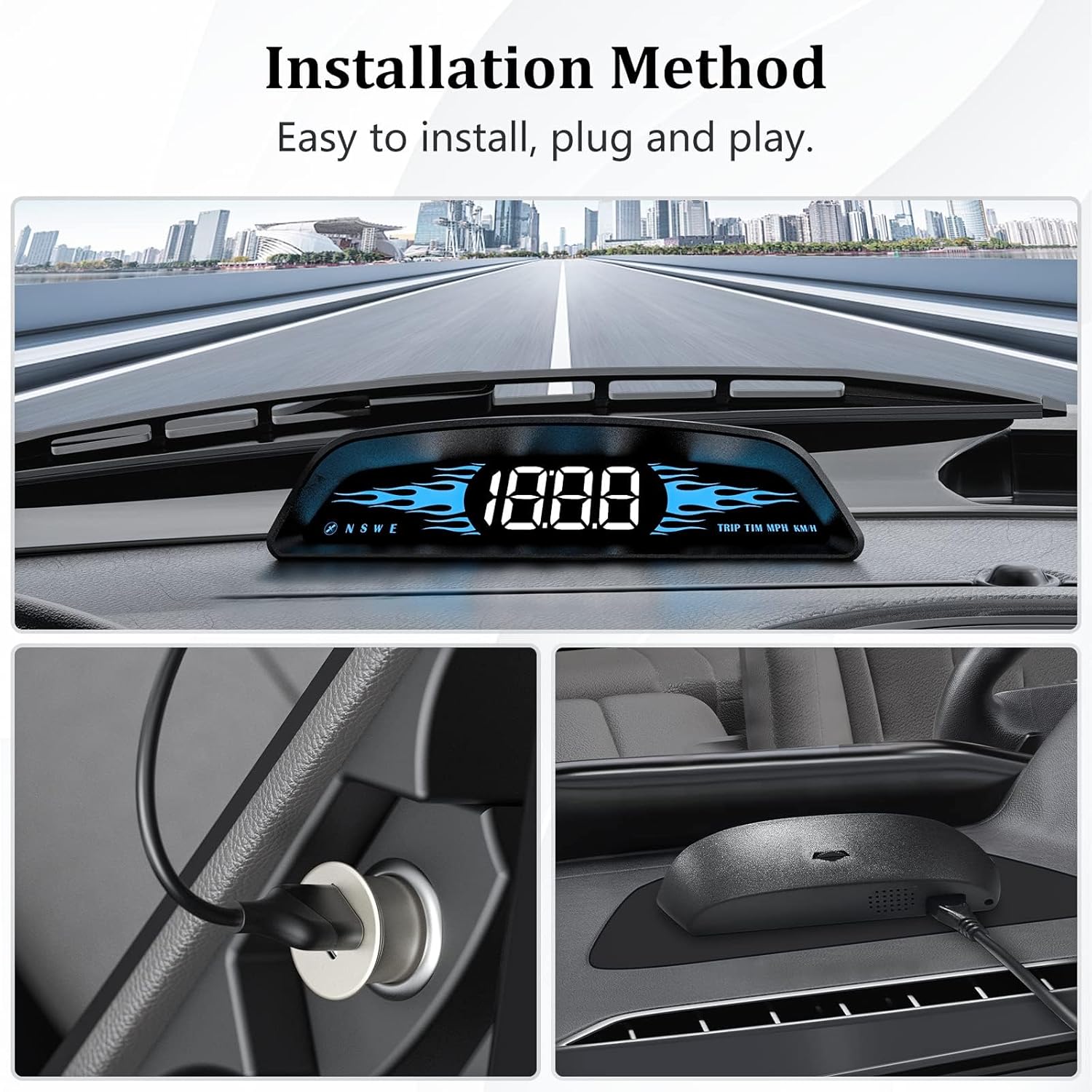 Three images showing the installation process: the HUD on a dashboard, the USB cable plugged into a car charger, and the cable connected to the HUD unit.