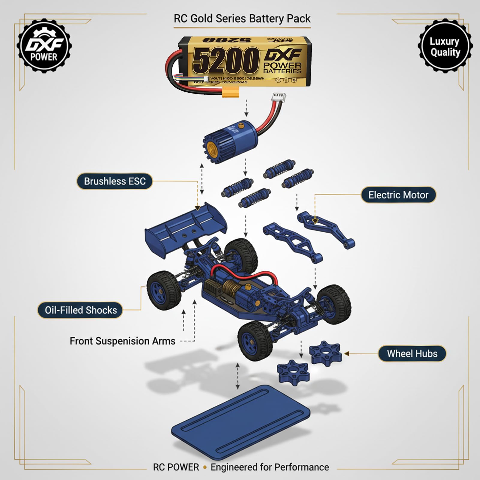 DXF 2 confezioni – 5200 mAh, 140 C, spina XT90, batteria lipo 4s ideale per 1/8 & 1/10 auto di losi, hpi, associated & altro ancora – 4s lipo potente e affidabile